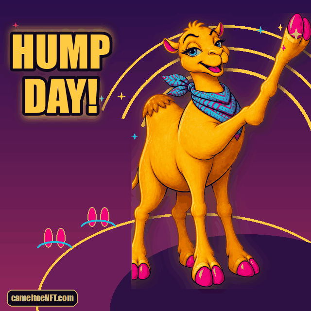Golden CamelToe camel raising a pink two-toed hoof beneath the words Hump Day.