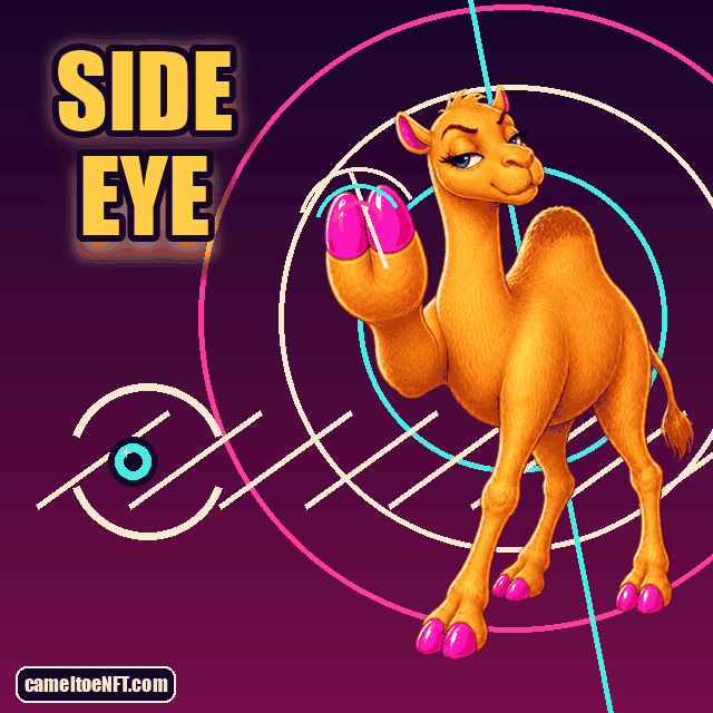 Skeptical CamelToe camel raising a pink hoof beneath the words Side Eye.