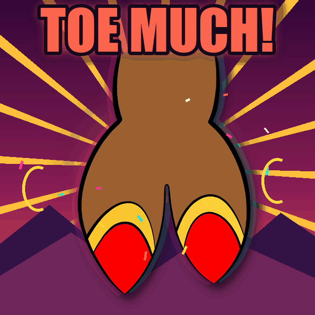Two-toed CamelToe NFT foot with red nails under the words Toe Much.