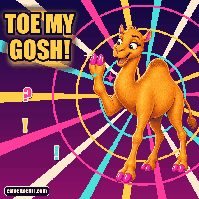 Surprised golden CamelToe camel with pink hooves beneath Toe My Gosh.